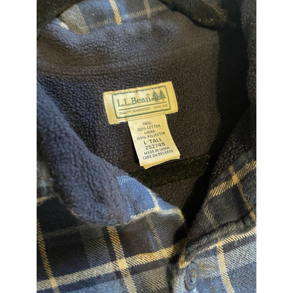 LL Bean Heavy Fleece Lined Flannel Shirt Jacket Shacket Blue Plaid L Tall